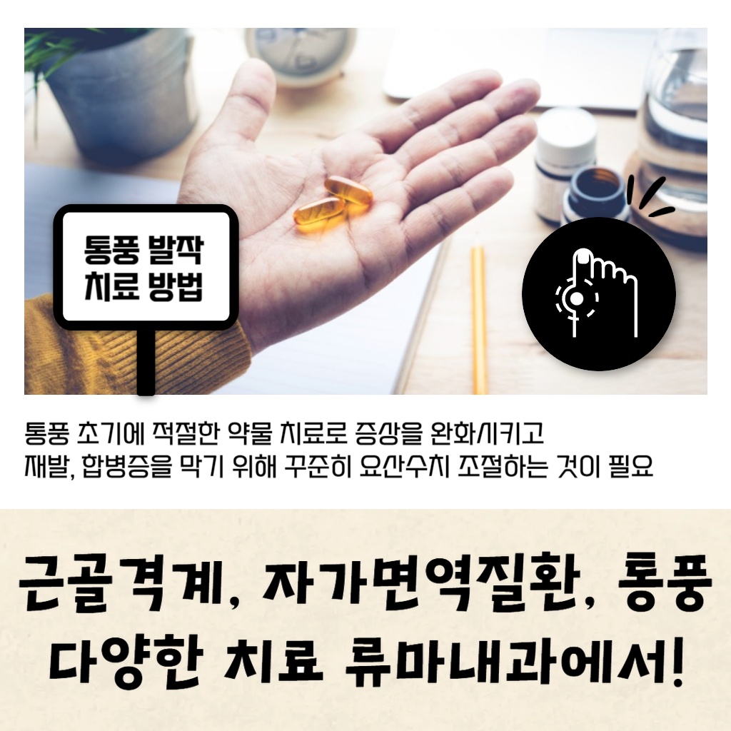 류마내과에서 근골격계, 자가면역질환, 통풍 등 다양한 질환을 치료하는 설명 이미지