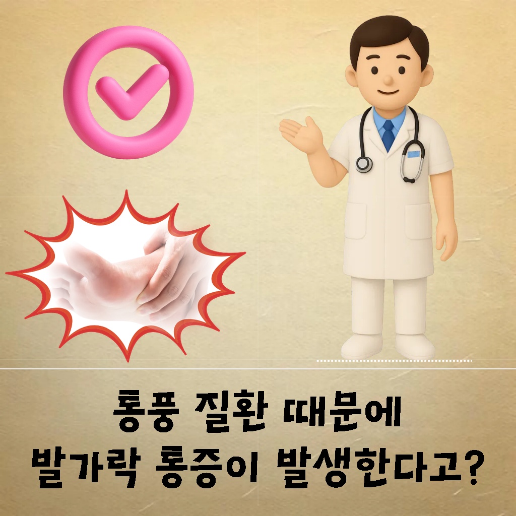 통풍 질환으로 인해 발가락 통증이 발생하는 증상 설명 이미지