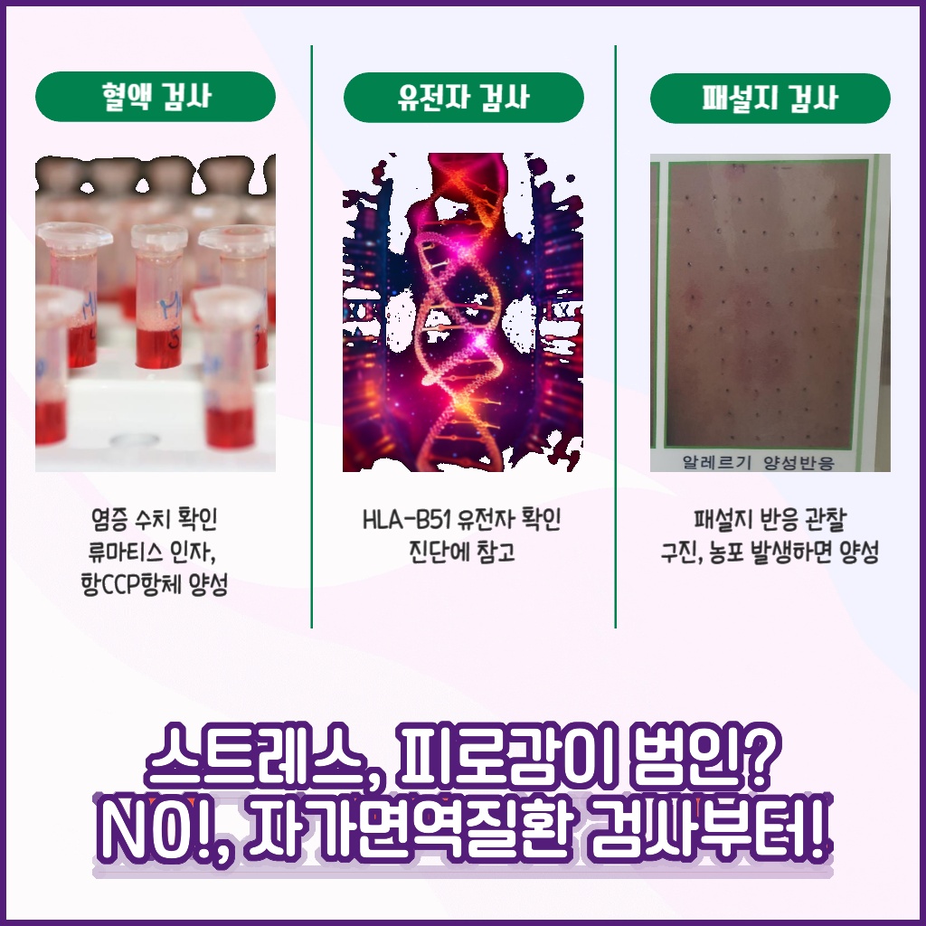 자가면역질환 진단을 위한 혈액, 유전자, 패설지 검사 종류 설명 이미지