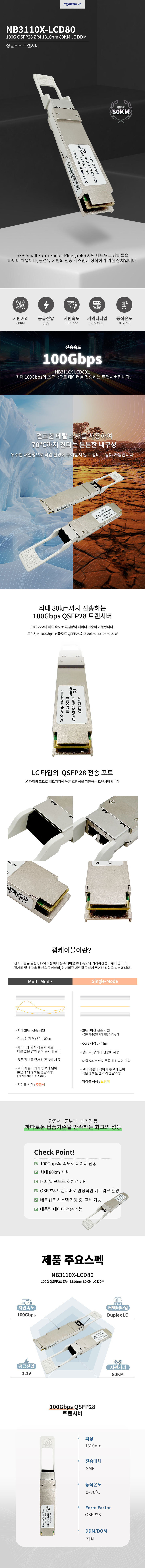 Cisco 호환 100G QSFP28 ZR4 80KM LC 광트랜시버 모듈 NB3110X-LCD80