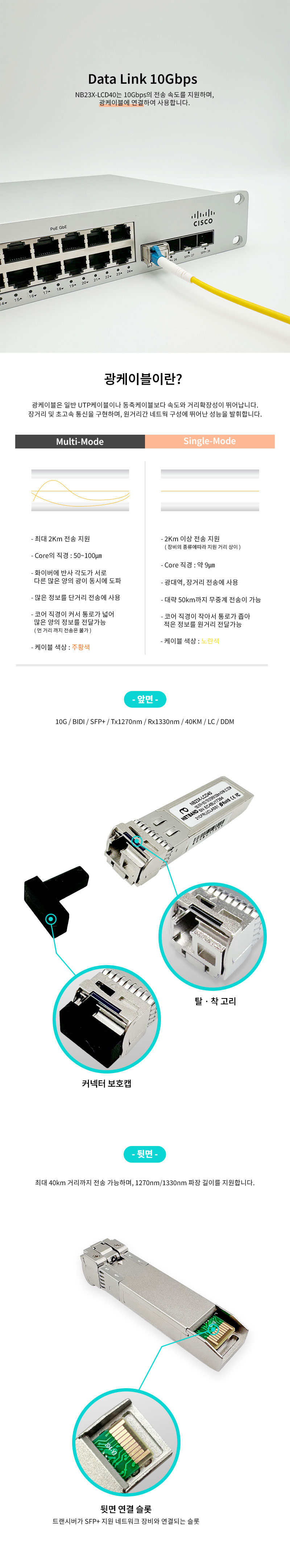 시스코 호환 SFP-10G-BX40U 10G BIDI SFP+ 광트랜시버 모듈 NB23X-LCD40
