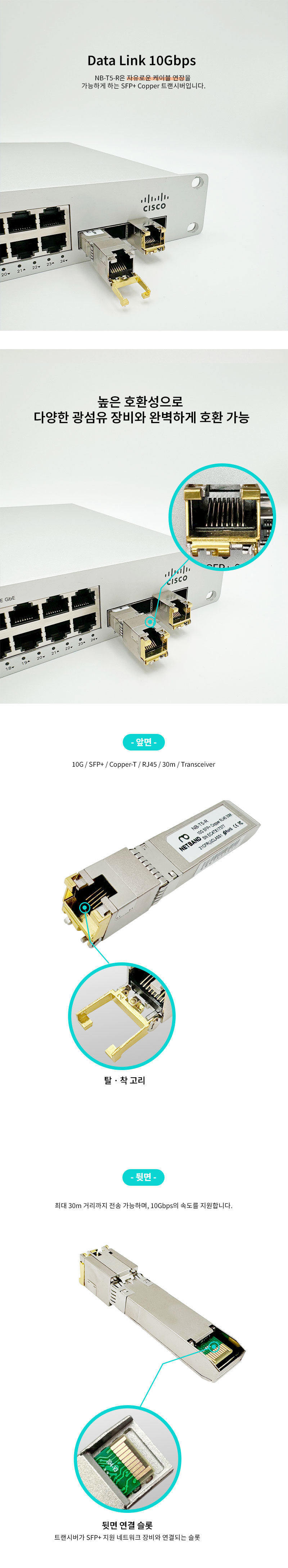 Cisco 호환 10G RJ45 Copper SFP+ 트랜시버 NB-T5-R, CAT6A 이상 케이블용