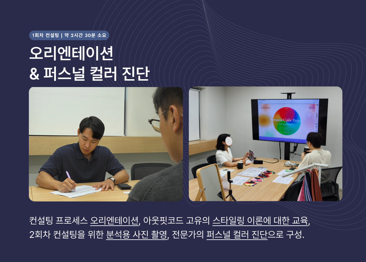 아웃핏코드 오프라인컨설팅 1회차의 경우, 기본적인 오리엔테이션과 스타일링 이론에 대한 교육, 분석용 사진촬영, 퍼스널컬러 진단 등으로 이루어져 있습니다.