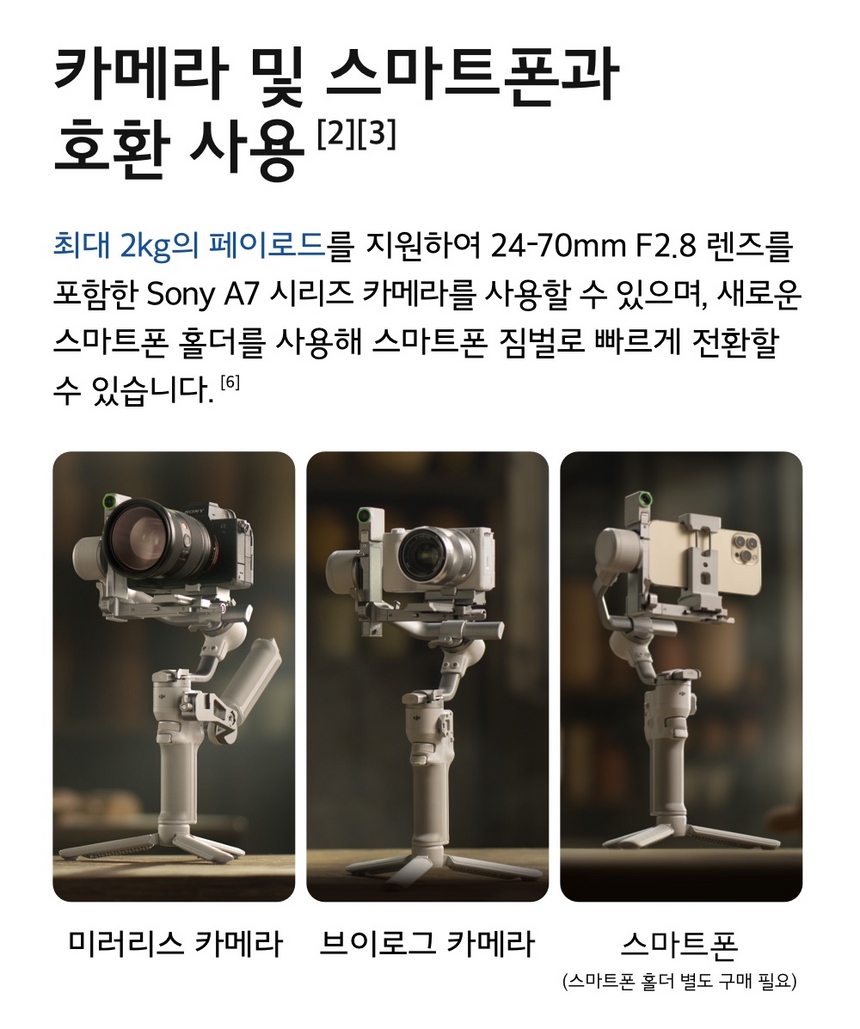 DJI RS 4 Mini 카메라 & 스마트폰 호환, 미러리스 카메라 지원 