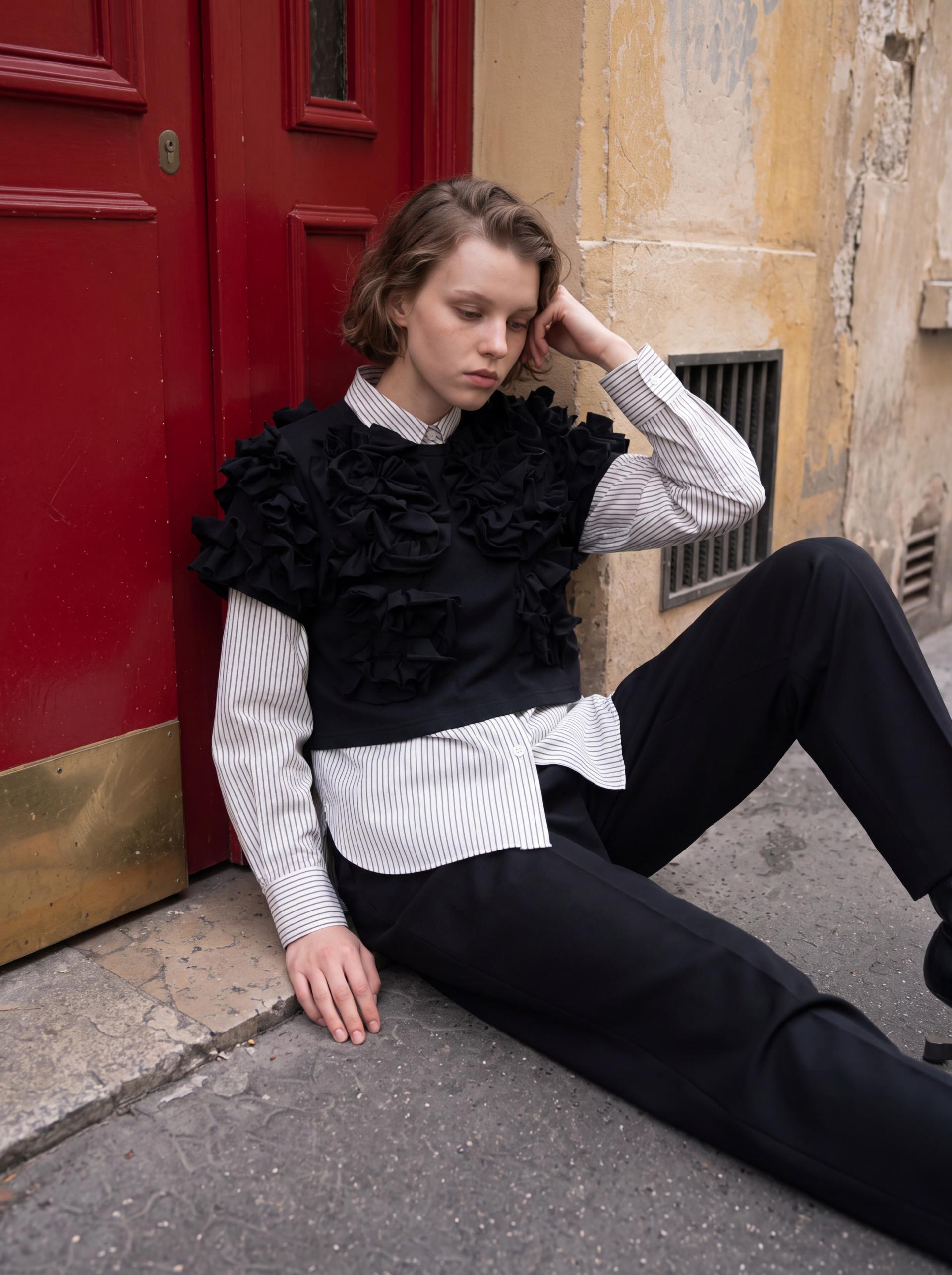 Sculptural Ruffle Jersey Top (BK)