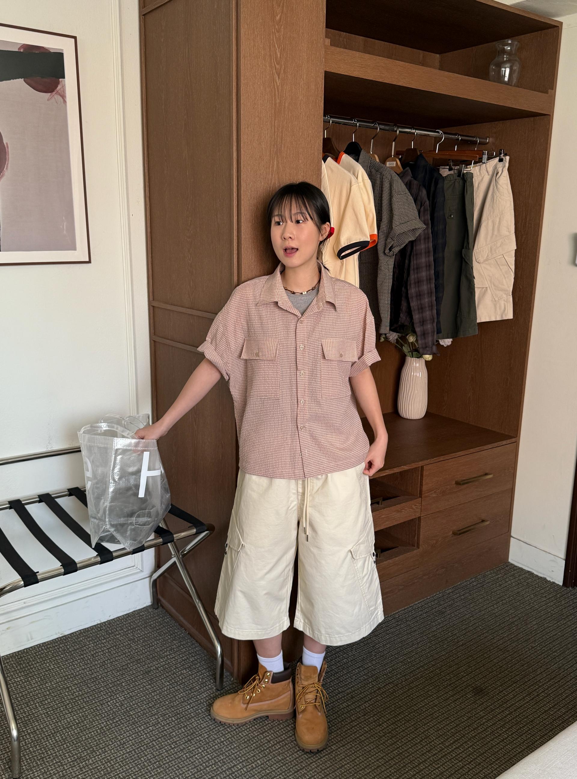 (UNISEX) Double Crop Check Shirt