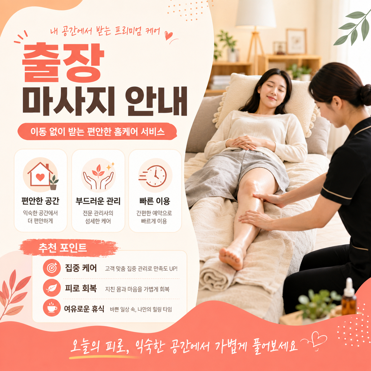 부천 출장 마사지 서비스는 경직된 근육 완화 중심 홈스파 케어를 통해 몸의 답답한 흐름과 반복되는 긴장을 차분하게 정리할 수 있도록 구성되어 있습니다