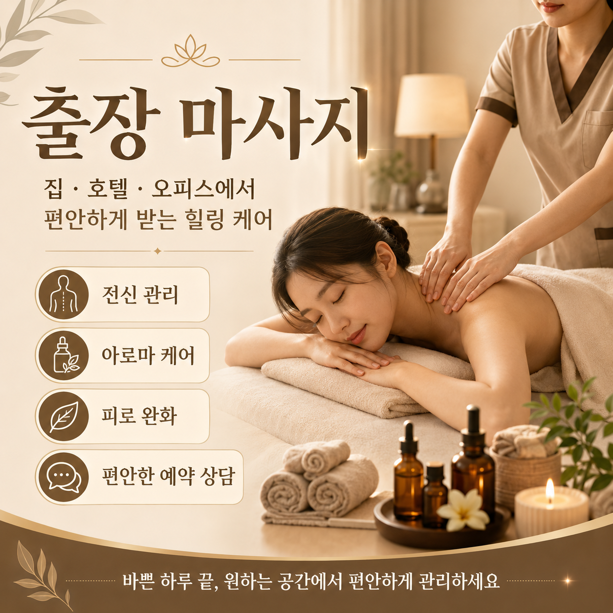벌음동 출장 마사지 에센셜오일 방문 케어는 외출 없이 현재 공간에서 여유로운 힐링 시간을 만들 수 있도록 구성된 생활정보형 홈타이 서비스입니다