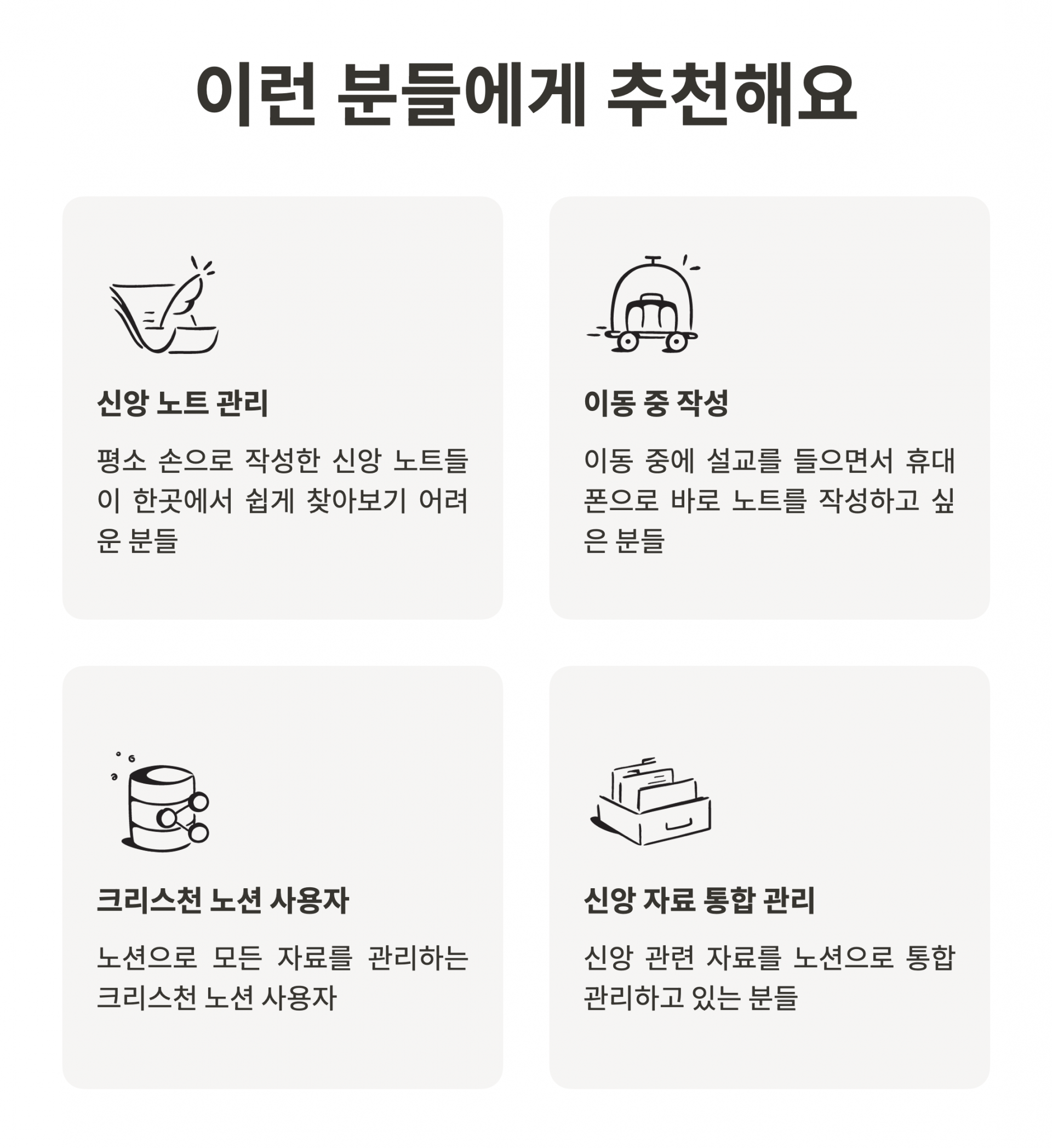 ‘이런 분들에게 추천해요’라는 제목 아래, 각각 ‘신앙 노트 관리’, ‘이동 중 작성’, ‘크리스천 노션 사용자’, ‘신앙 자료 통합 관리’로 구분된 카드 형태의 안내가 나열된 이미지입니다. 손으로 작성한 신앙 노트를 한곳에서 찾기 어려운 사람부터 이동 중 설교 노트 작성, 노션으로 자료를 통합 관리하는 크리스천 사용자들의 니즈를 보여주며, 신앙 노트 디지털 관리를 강조합니다.