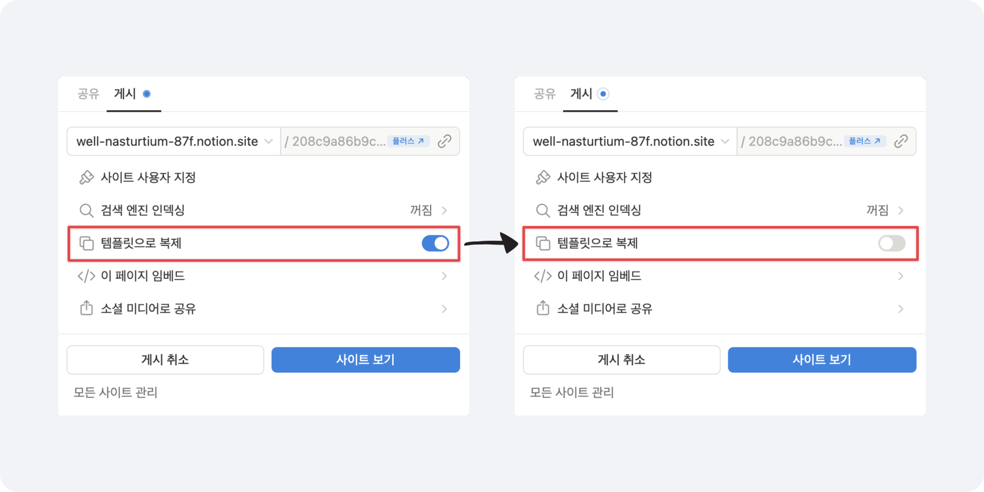 Notion 게시 페이지의 템플릿 복제 허용 기능. 토글 스위치를 통해 사용자가 템플릿으로 복제할 수 있도록 설정하거나 비활성화 가능.