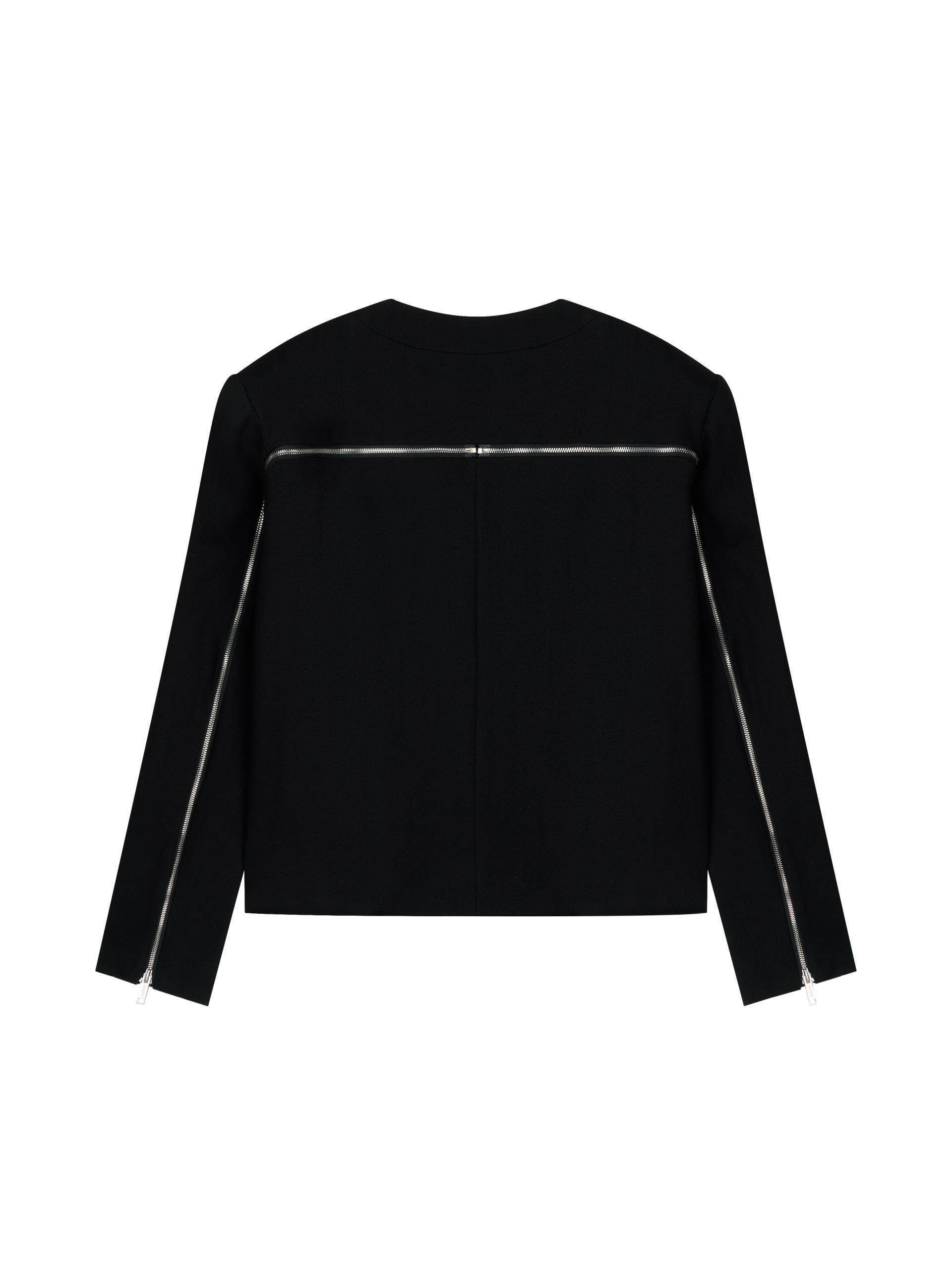 [CO:LLECTION] PEAKED COLLARLESS WOOL ZIPPER SUIT JACKET - JACQUARD