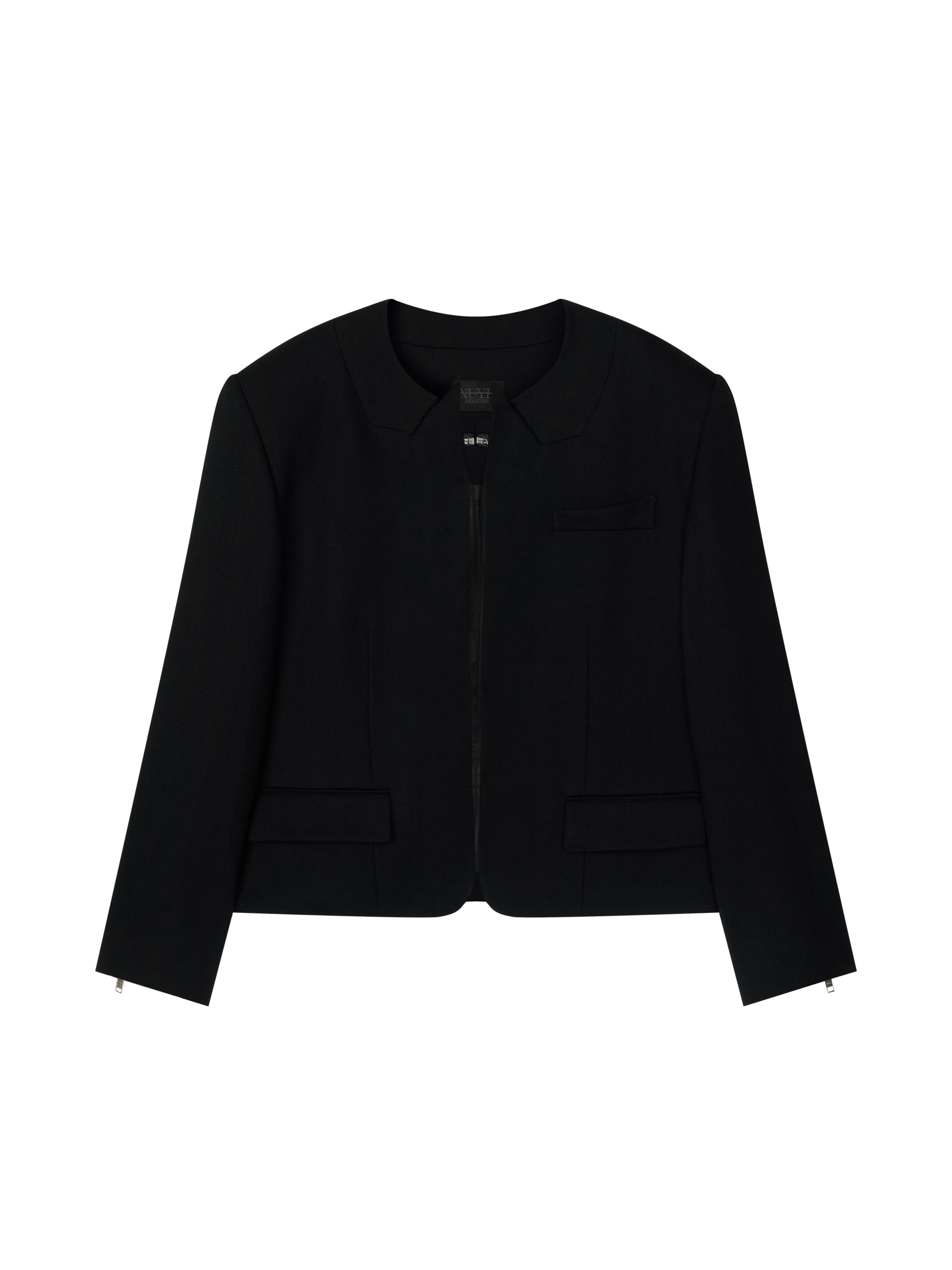[CO:LLECTION] PEAKED COLLARLESS WOOL ZIPPER SUIT JACKET - JACQUARD
