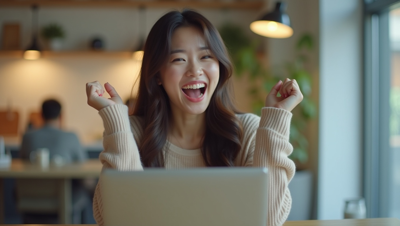카페에서 두팔벌려 즐거운 표정을 짓는 여성의 모습