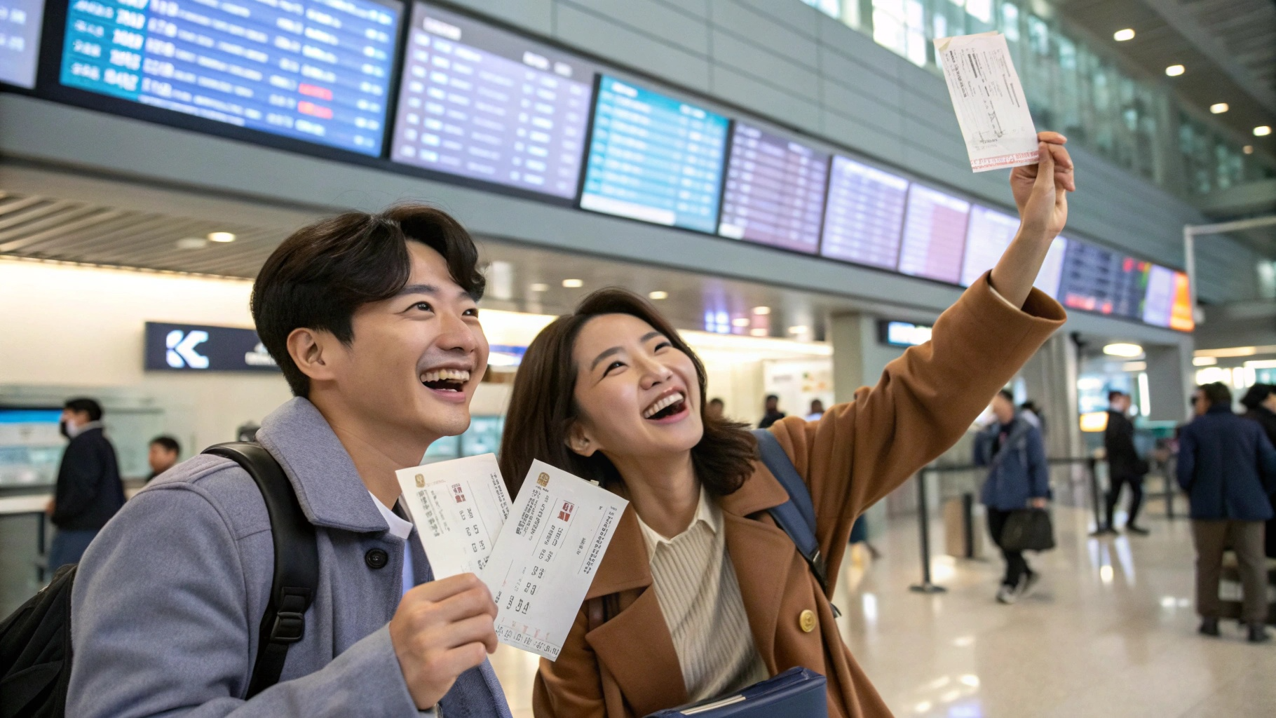 저렴하게 구입한 항공권으로 행복한 모습