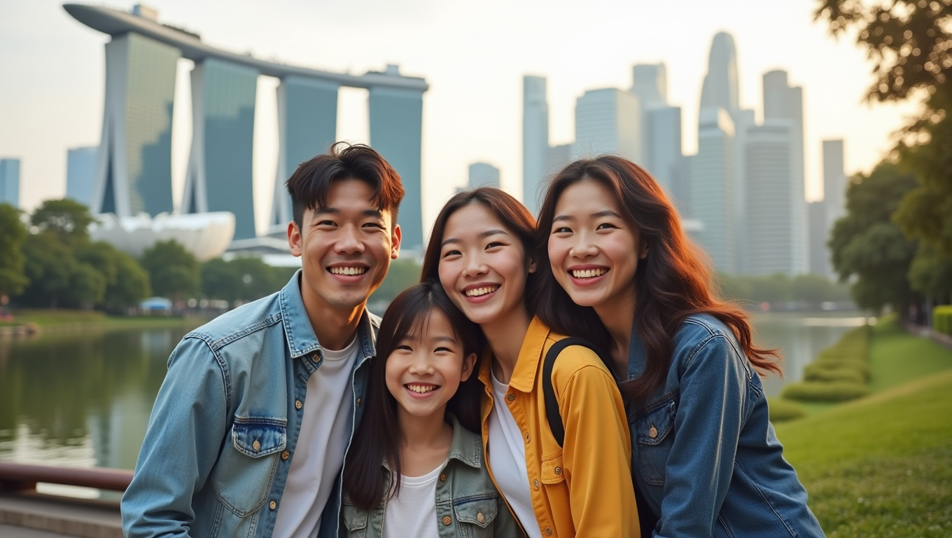싱가포르 랜드마크에서 사진을 찍는 사람들의 모습