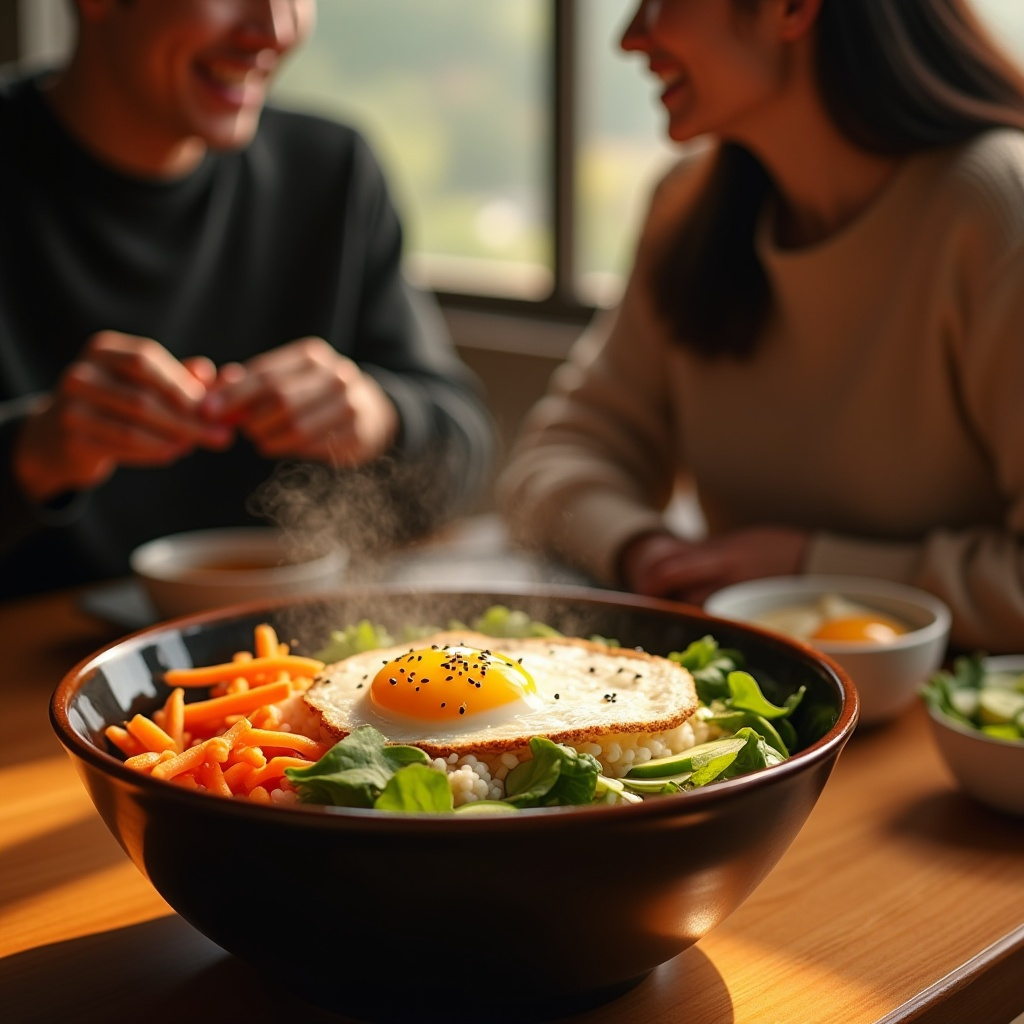 완성된 비빔밥을 식탁에 둔 모습