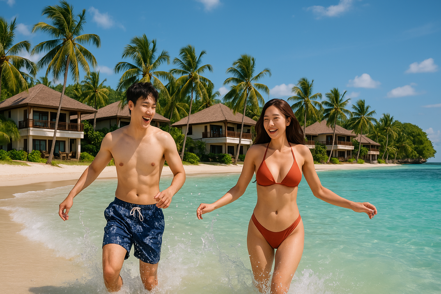 필리핀 리조트 옆 해변가에서 즐기는 남녀 커플의 모습