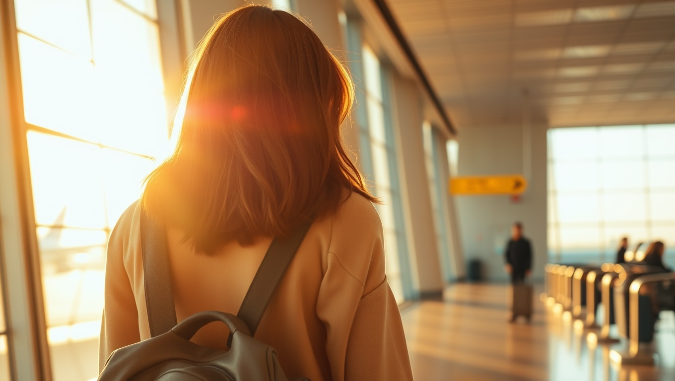 공항 대기실에 서있는 여성의 모습