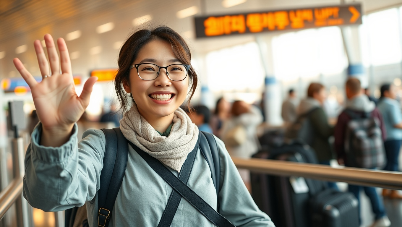 해외 공항 도착해서 지인들을 만나 인사하는 여성