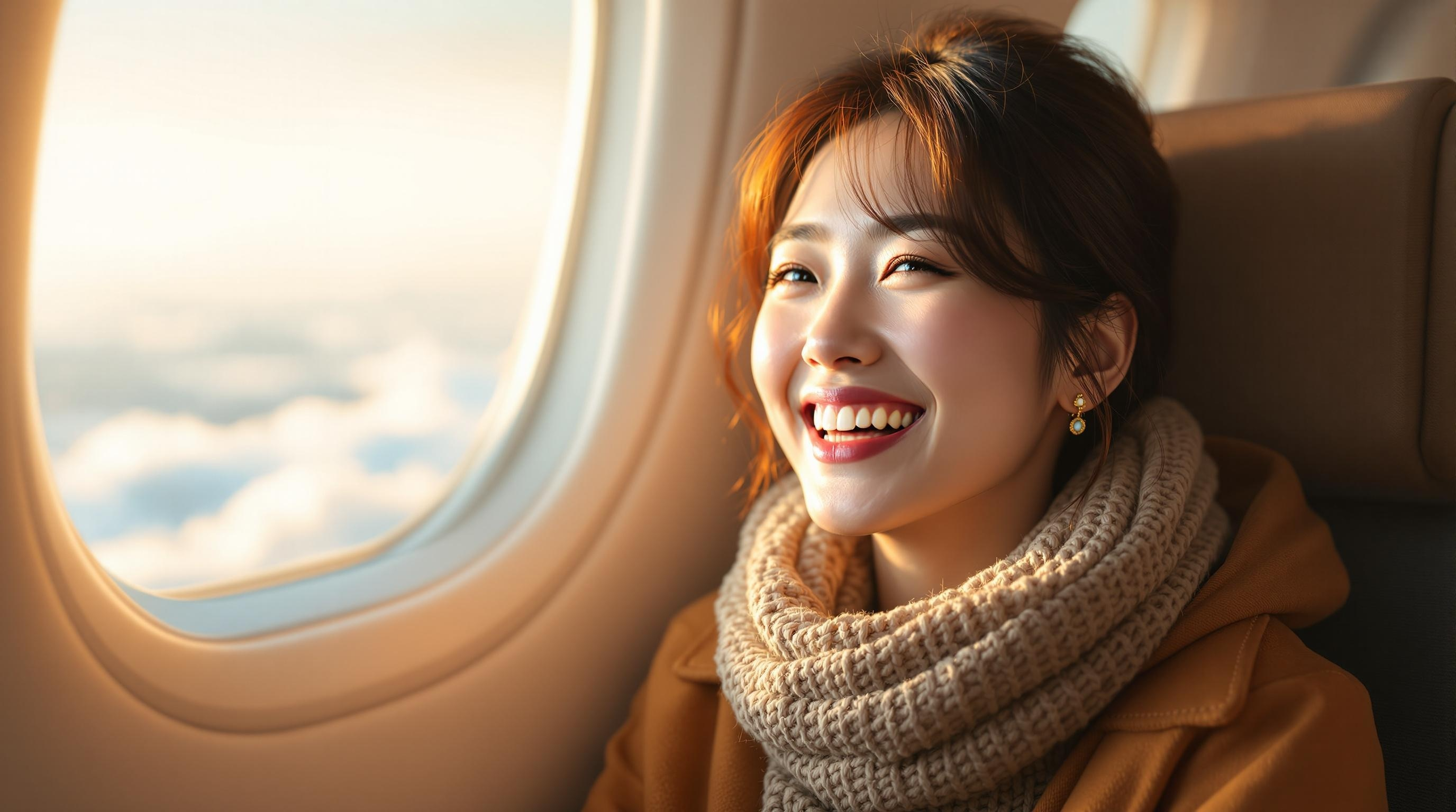 비행기 기내 창가에서 여행 즐거움으로 웃는 여성