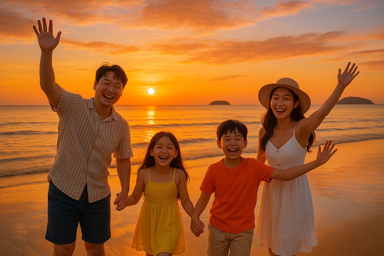 말레이시아 코타키나발루 – 석양을 즐기며 휴가를 보내는 가족