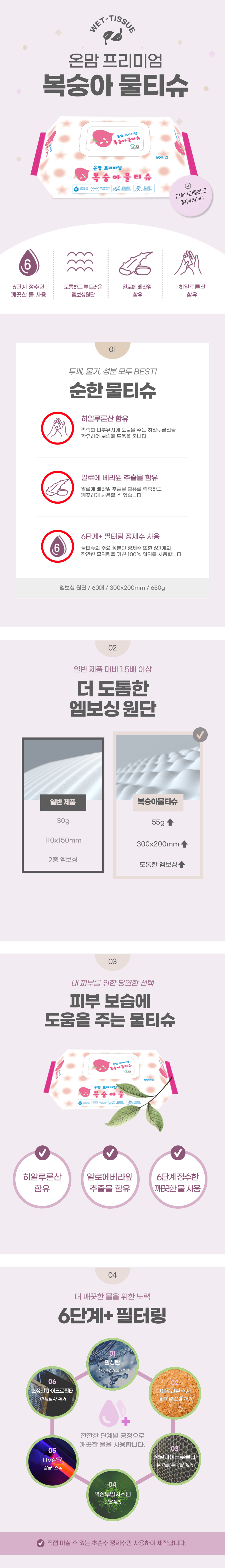 온맘 프리미엄 복숭아 엠보싱물티슈 60매입 20팩(1박스)