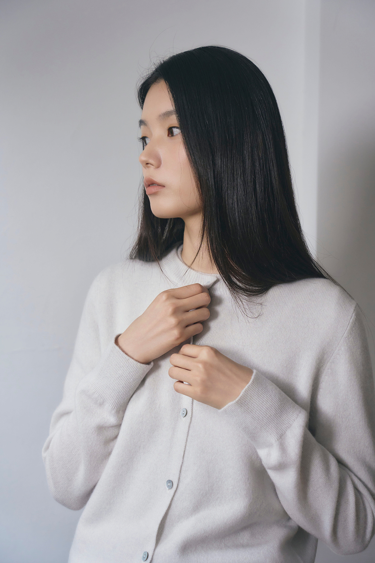 [캐시미어100] 베이직 라운드넥 가디건 LIGHT MELANGE GRAY