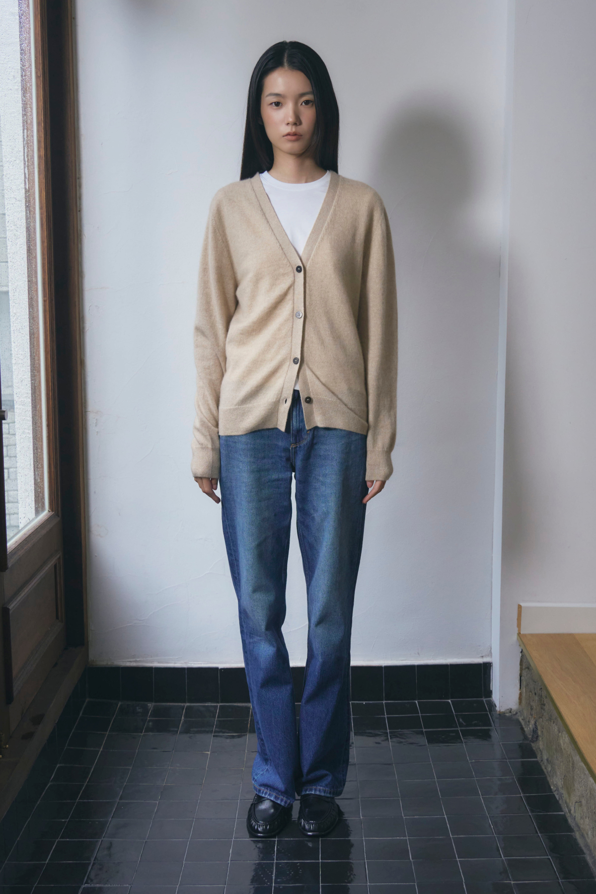 [몽골 캐시미어100] 오가닉 브이넥 가디건 NATURAL BEIGE