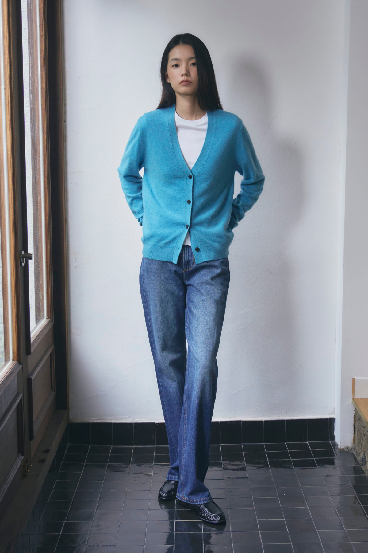 [캐시미어100] 베이직 브이넥 가디건 OCEAN BLUE