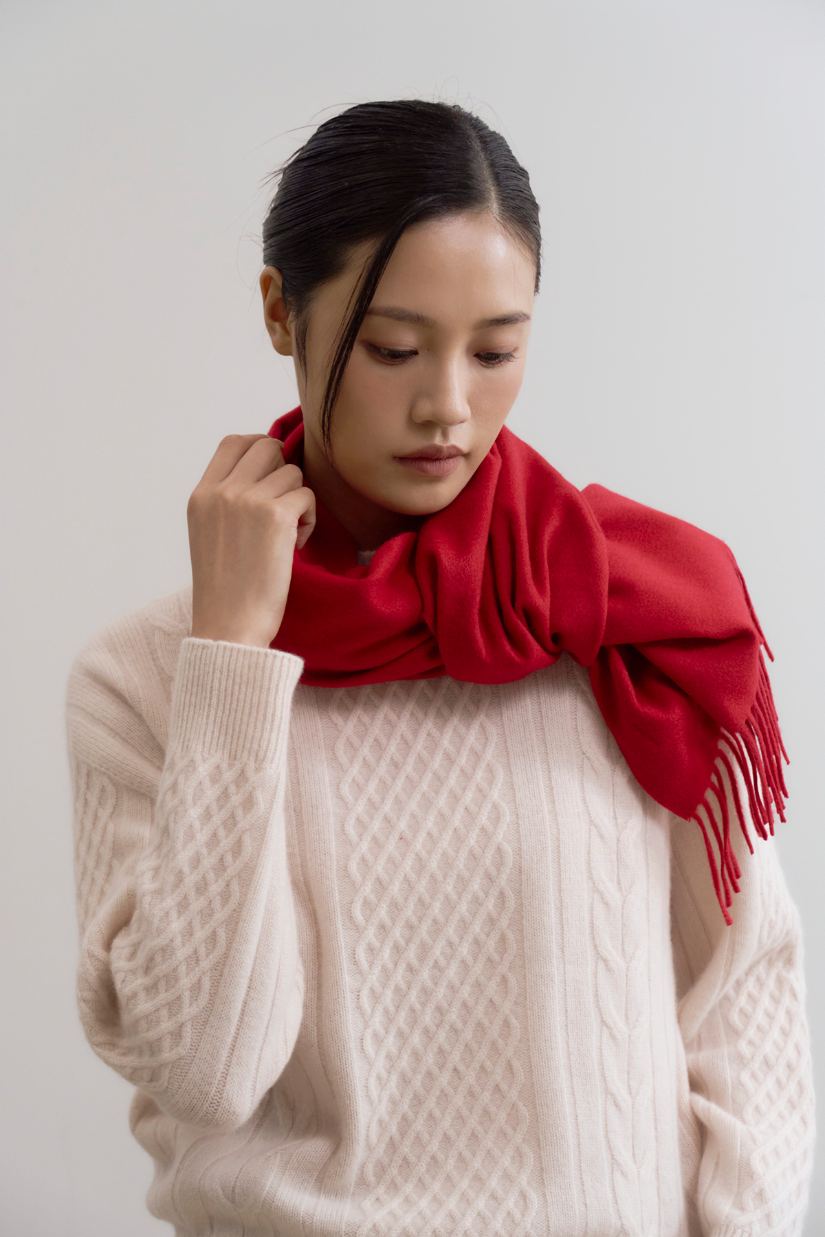 [캐시미어100] 베이직 프링지 머플러 RED