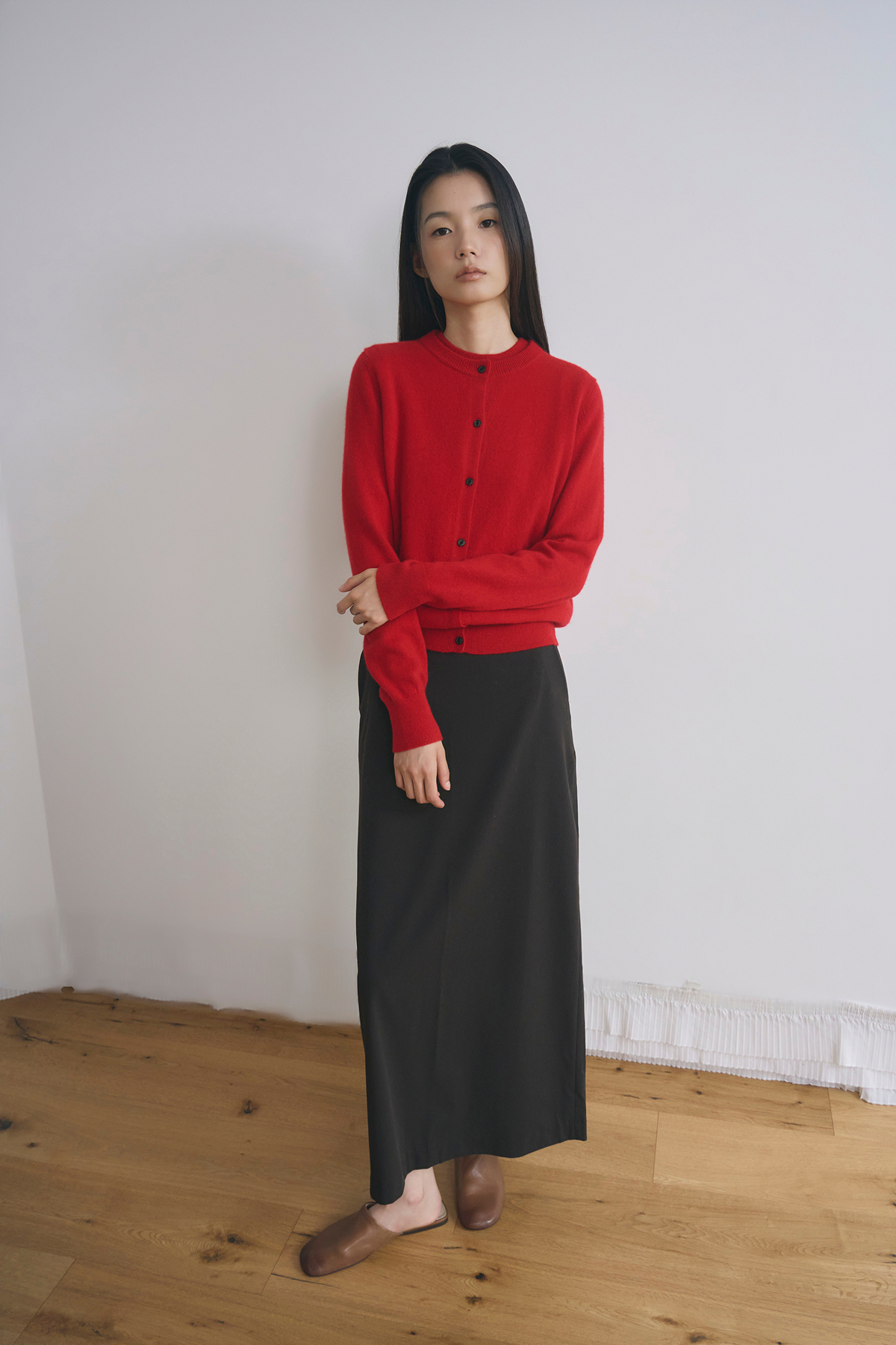 [캐시미어100] 베이직 라운드넥 가디건 RED