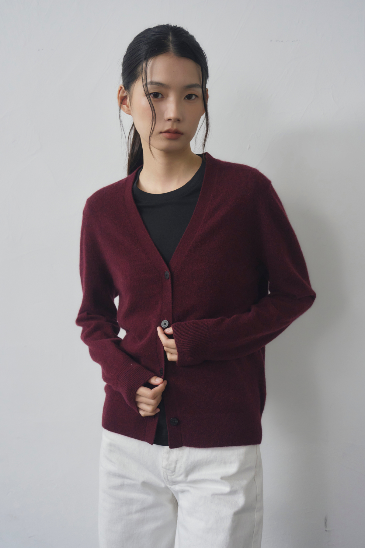 [캐시미어100] 베이직 브이넥 가디건 BURGUNDY