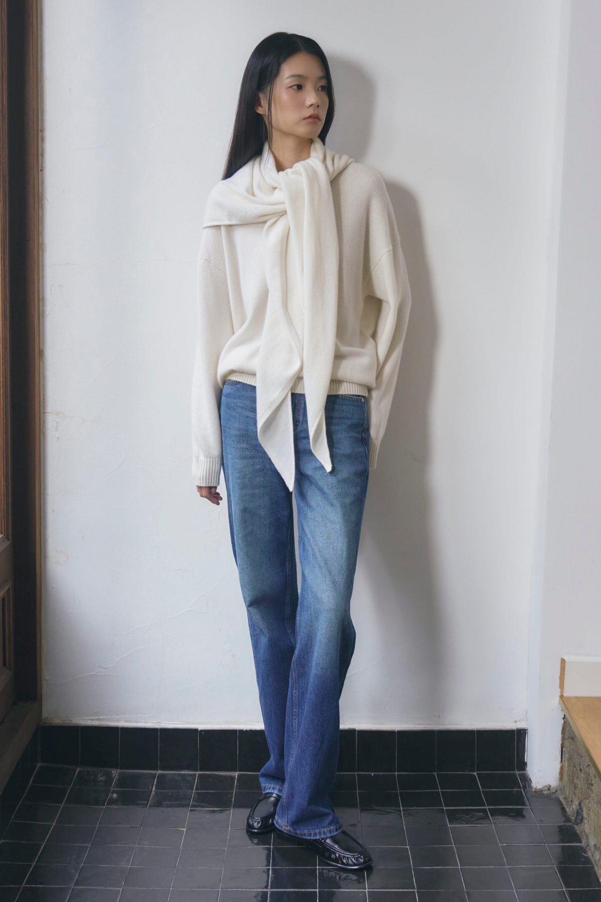 [캐시미어100] 삼각 숄 머플러 WHITE