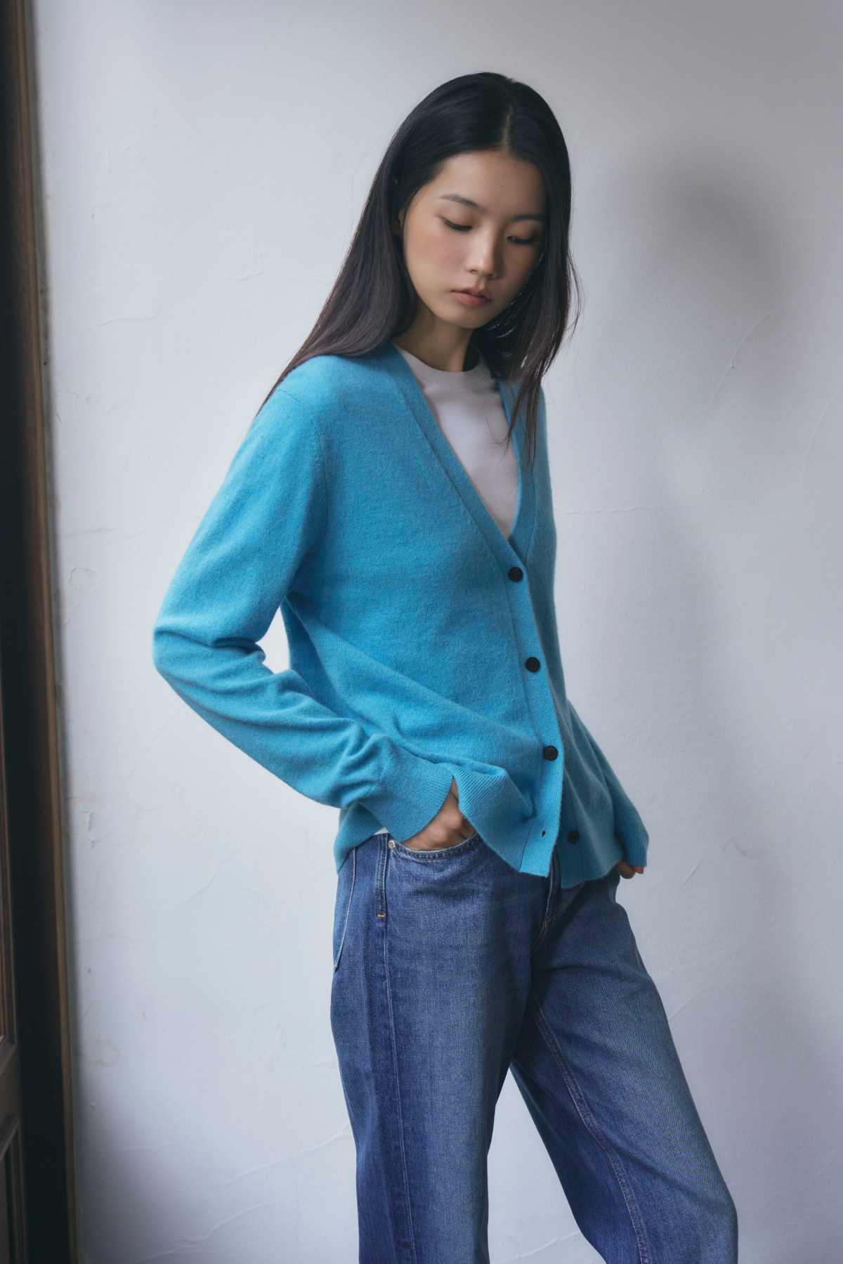 [캐시미어100] 베이직 브이넥 가디건 OCEAN BLUE