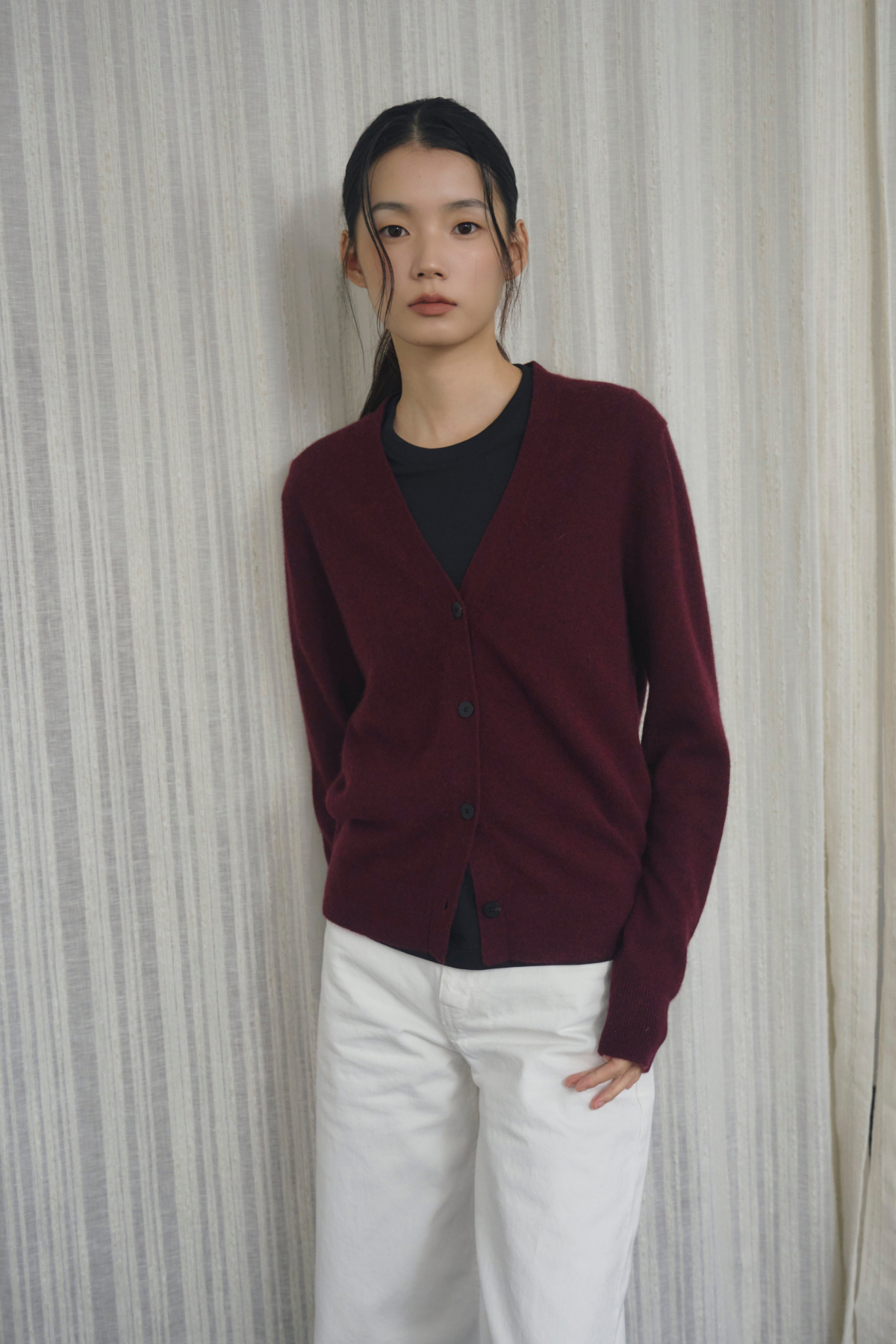 [캐시미어100] 베이직 브이넥 가디건 BURGUNDY