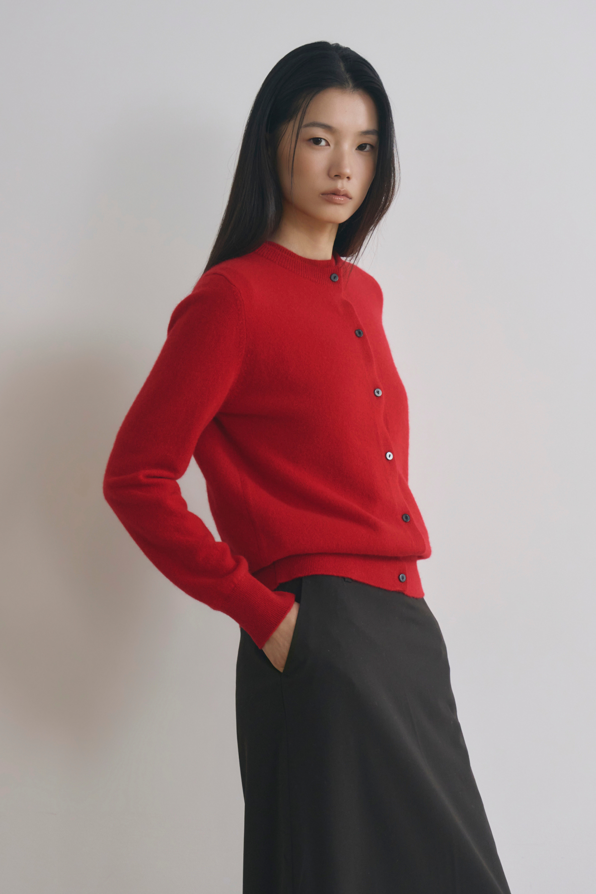 [캐시미어100] 베이직 라운드넥 가디건 RED