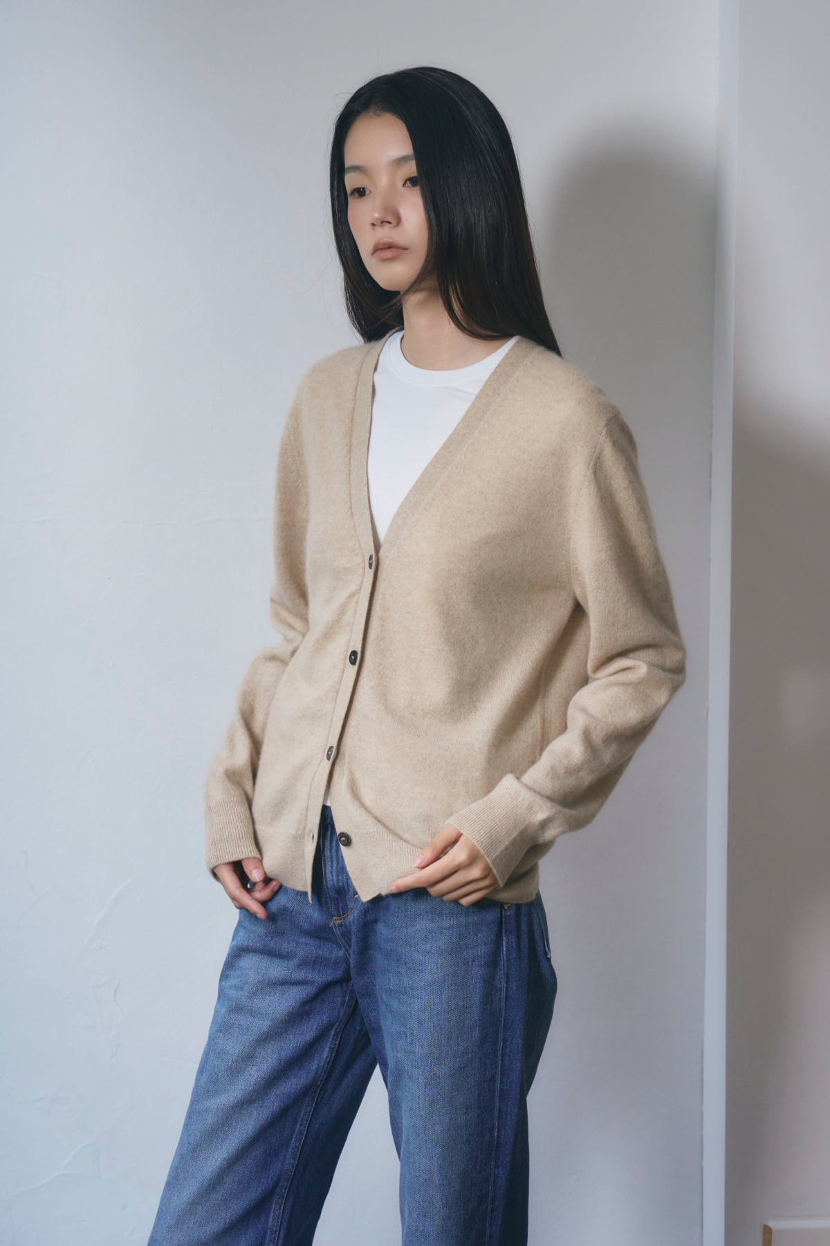 [몽골 캐시미어100] 오가닉 브이넥 가디건 NATURAL BEIGE