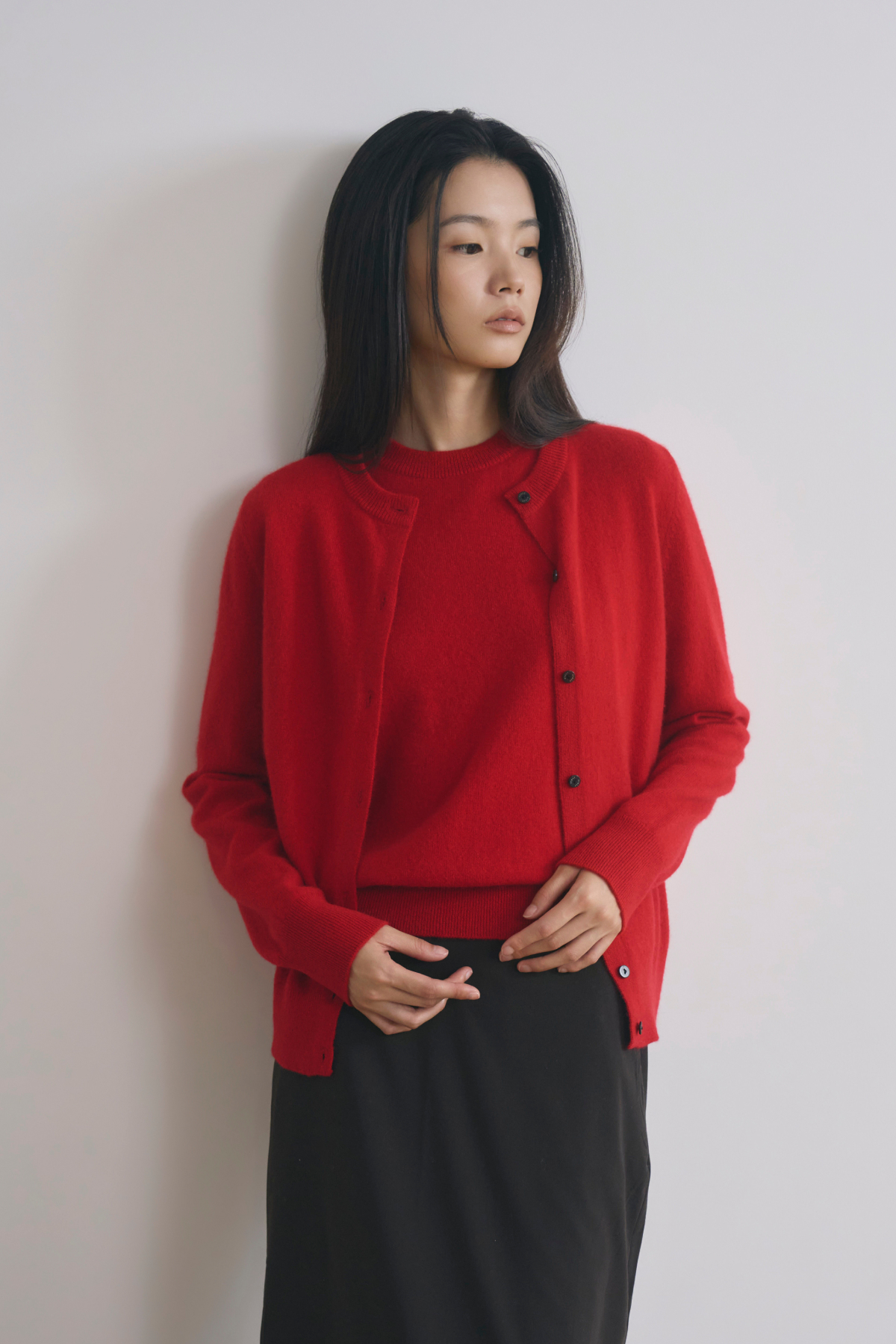 [캐시미어100] 베이직 라운드넥 가디건 RED