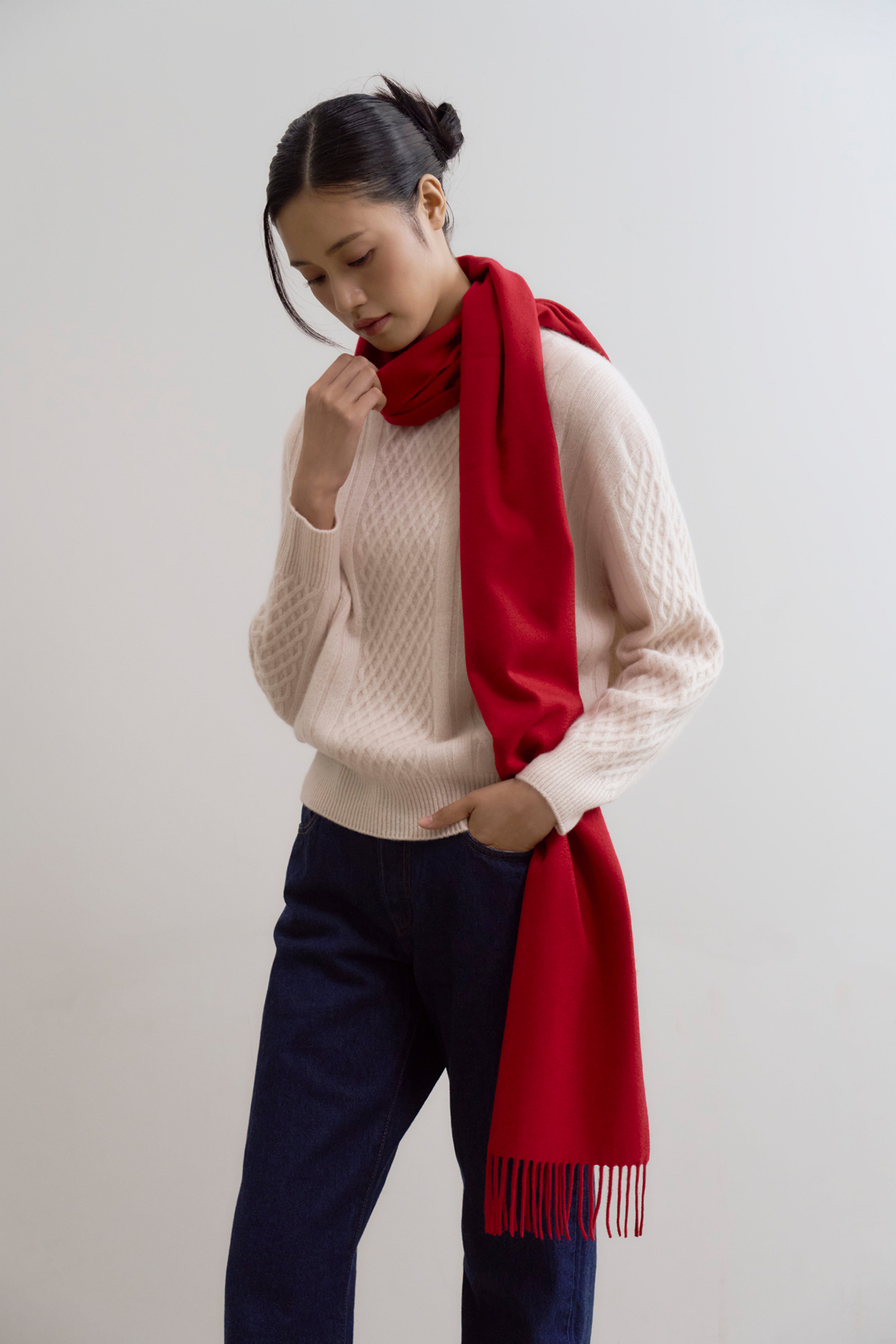 [캐시미어100] 베이직 프링지 머플러 RED