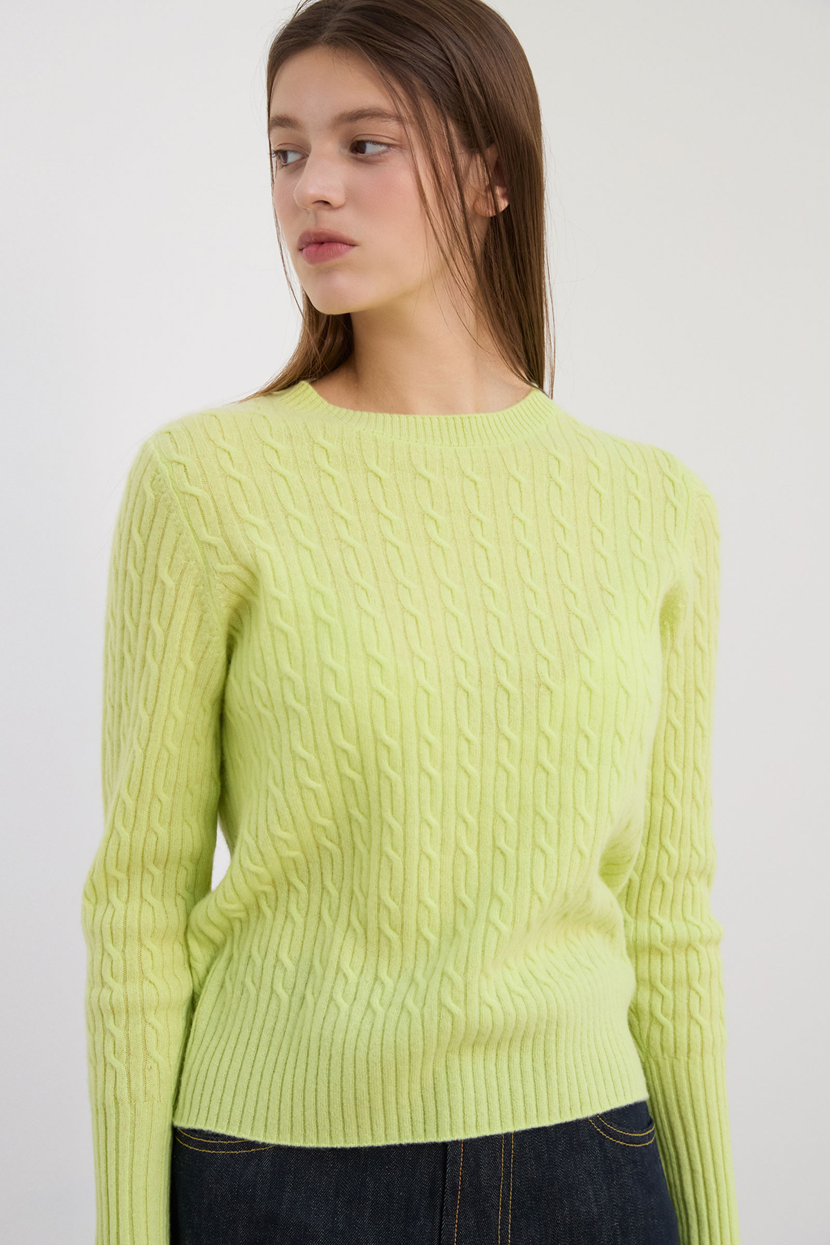 [캐시미어100] 에센셜 케이블 니트 LEMON GREEN