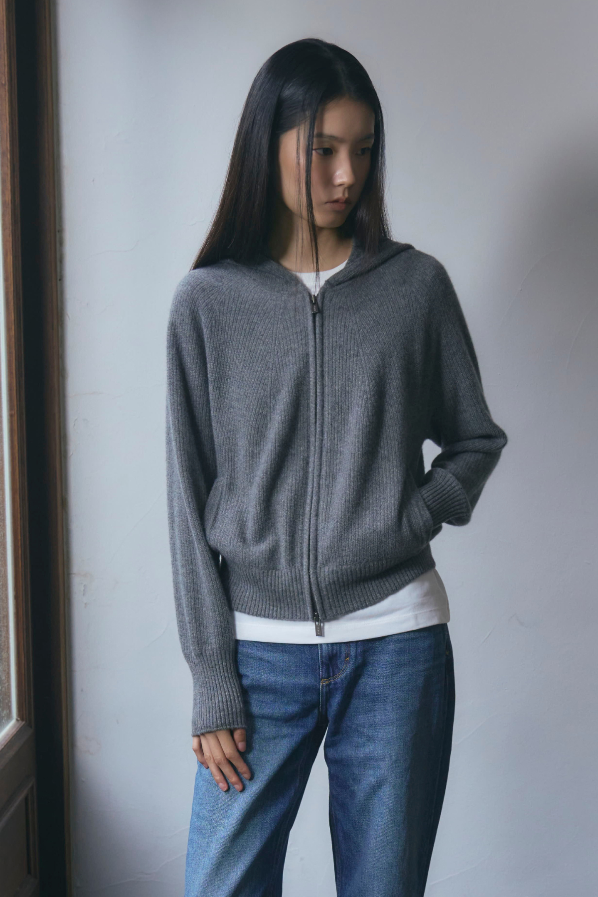 [캐시미어100] 베이직 후드 가디건 STEEL GRAY