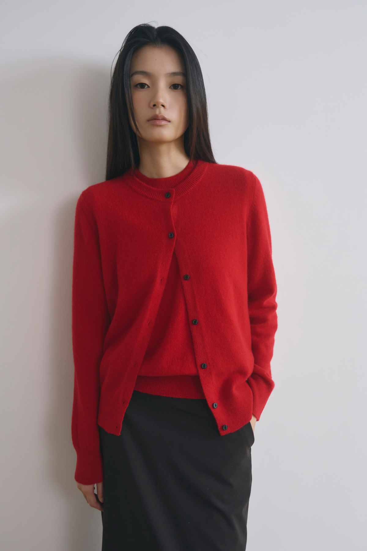[캐시미어100] 베이직 라운드넥 가디건 RED