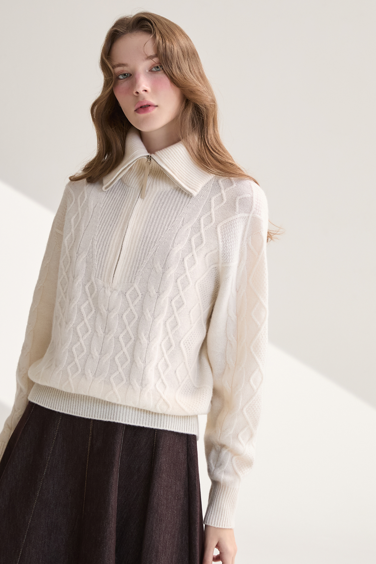 [캐시미어100] 케이블 하프 집업 니트 WHITE