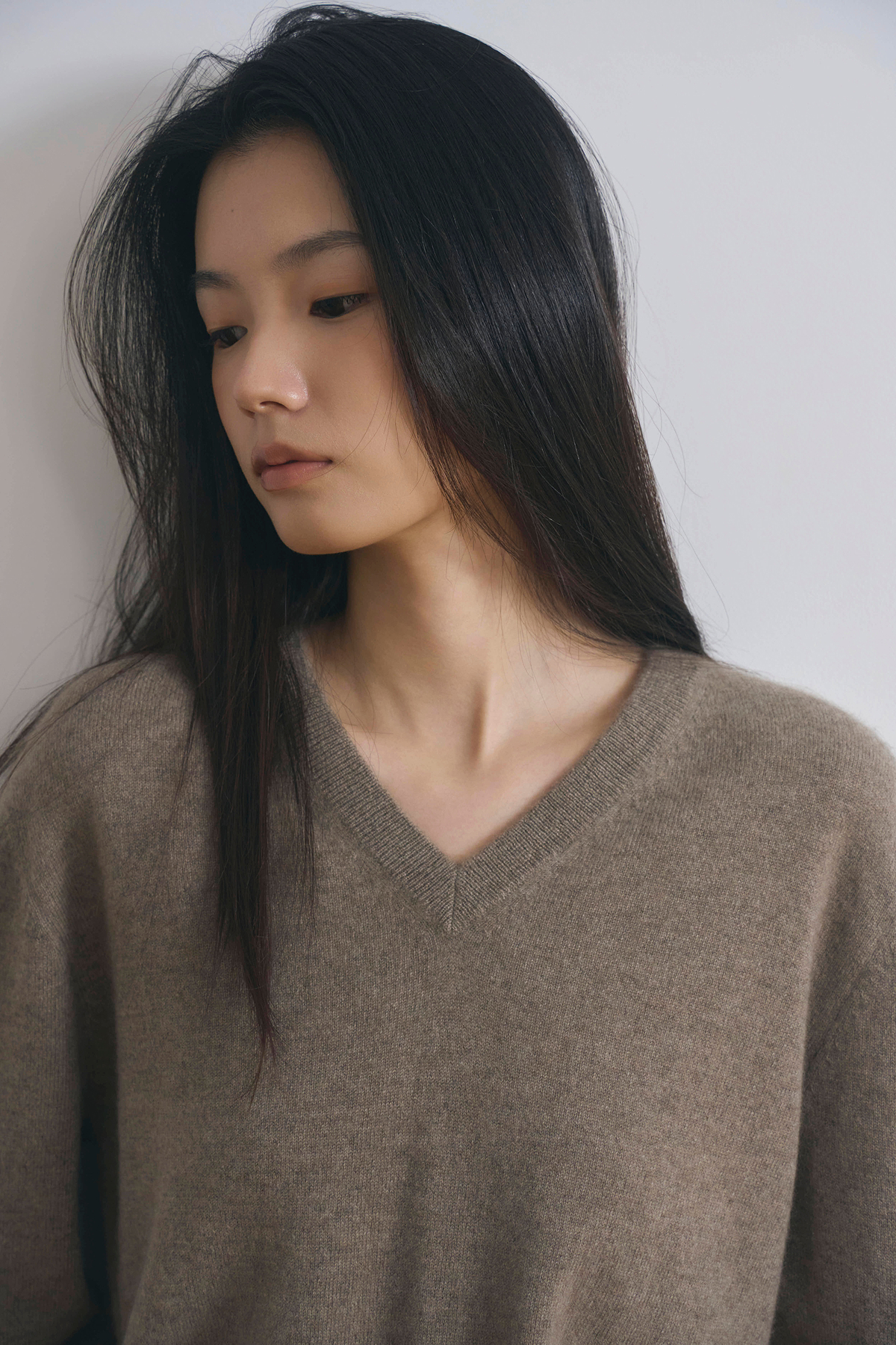 [몽골 캐시미어100] 오가닉 브이넥 니트 NATURAL BROWN