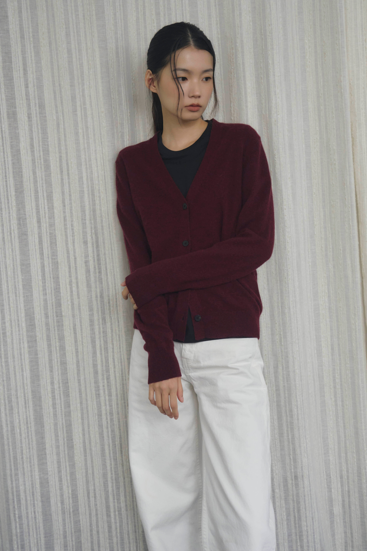 [캐시미어100] 베이직 브이넥 가디건 BURGUNDY