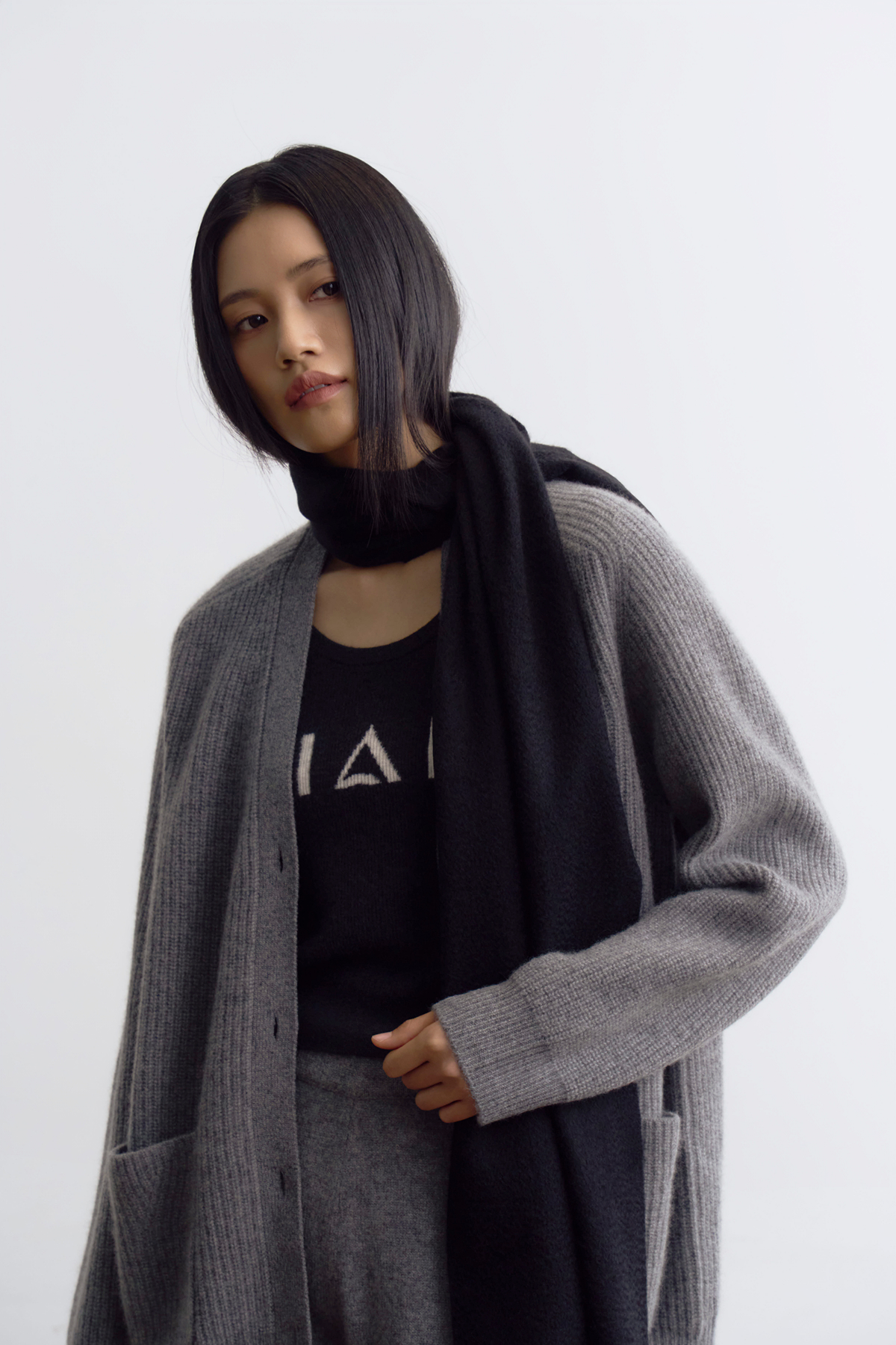 [캐시미어100] 베이직 프링지 머플러 BLACK