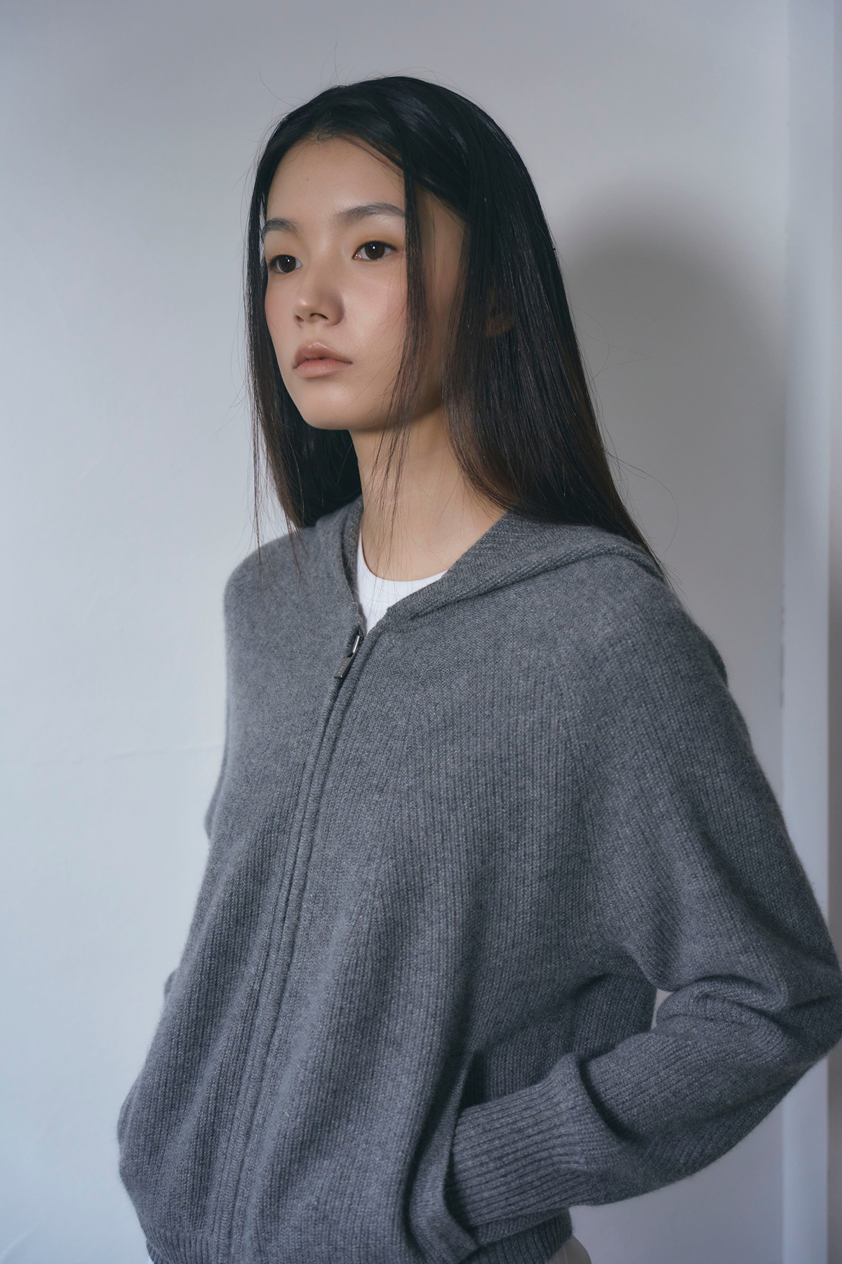 [캐시미어100] 베이직 후드 가디건 STEEL GRAY
