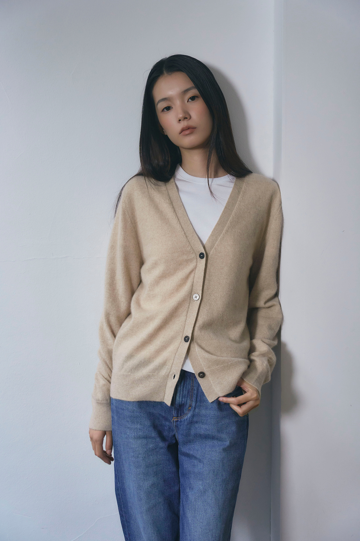[몽골 캐시미어100] 오가닉 브이넥 가디건 NATURAL BEIGE