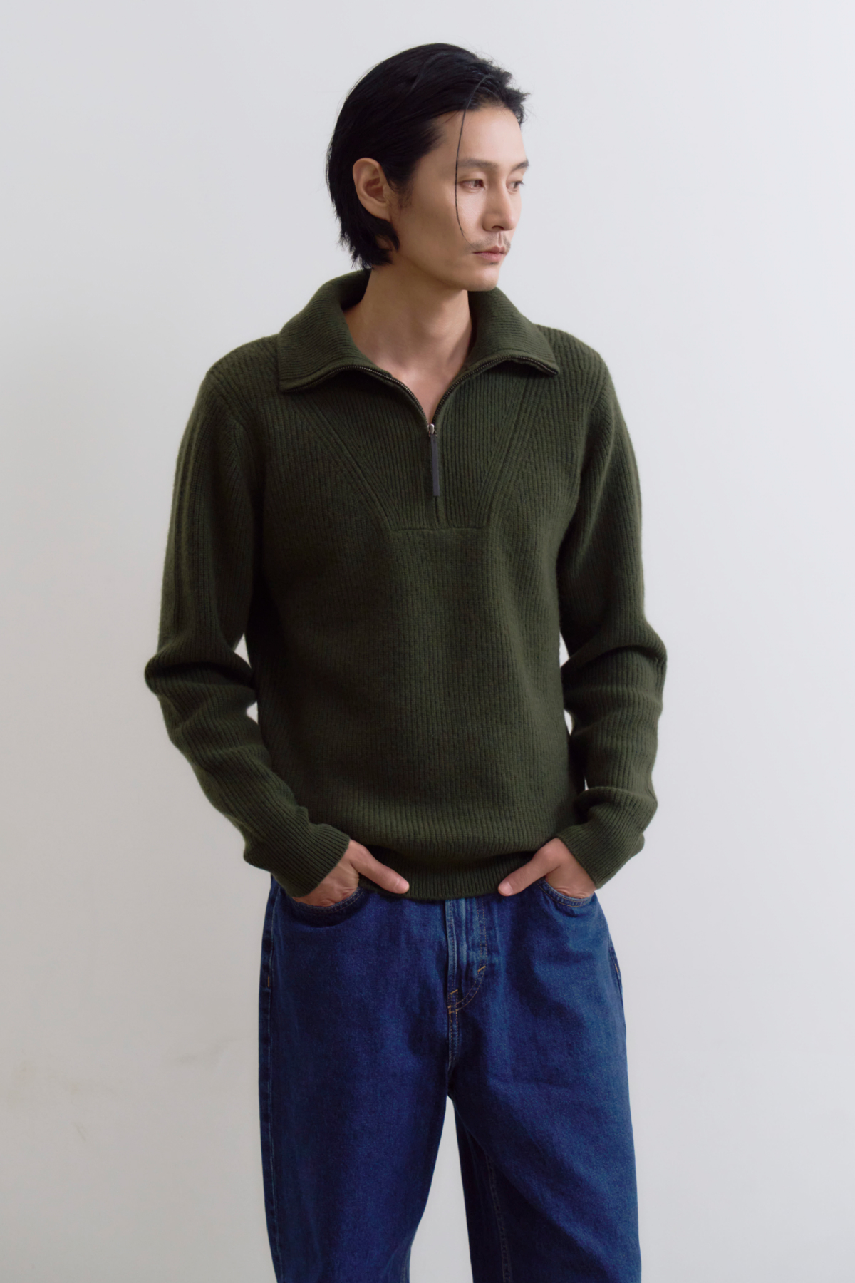 [캐시미어100] 비알트 맨 하프 집업 니트 GREEN