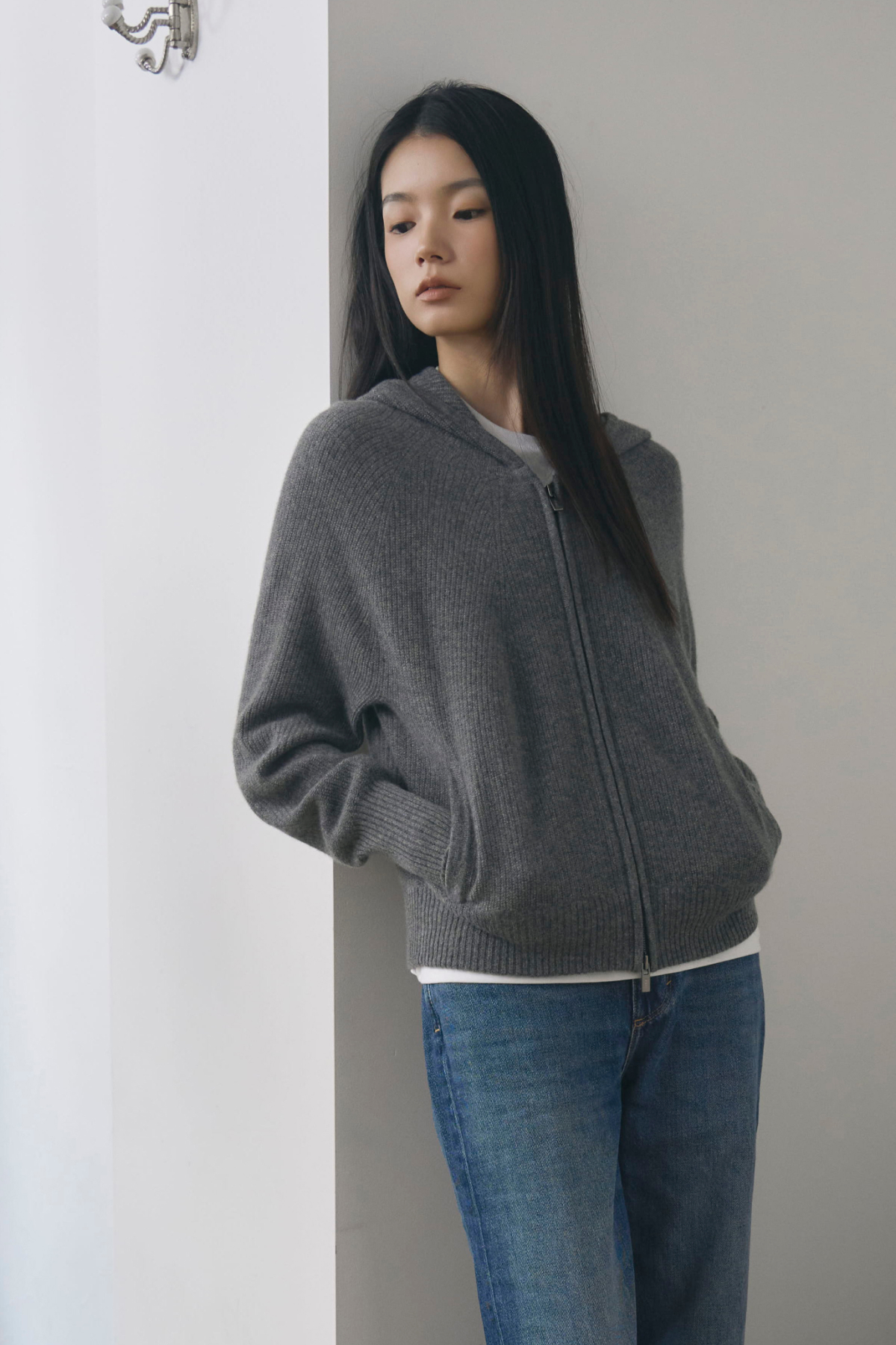 [캐시미어100] 베이직 후드 가디건 STEEL GRAY